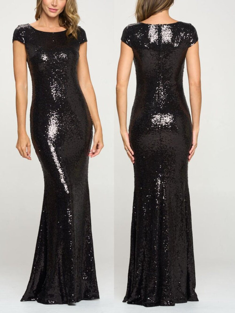 Black Sequin Short Sleeve Formal Evening Dress 2